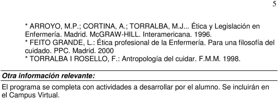 Para una filosofía del cuidado. PPC. Madrid. 2000 * TORRALBA I ROSELLO, F.: Antropología del cuidar. F.M.M. 1998.