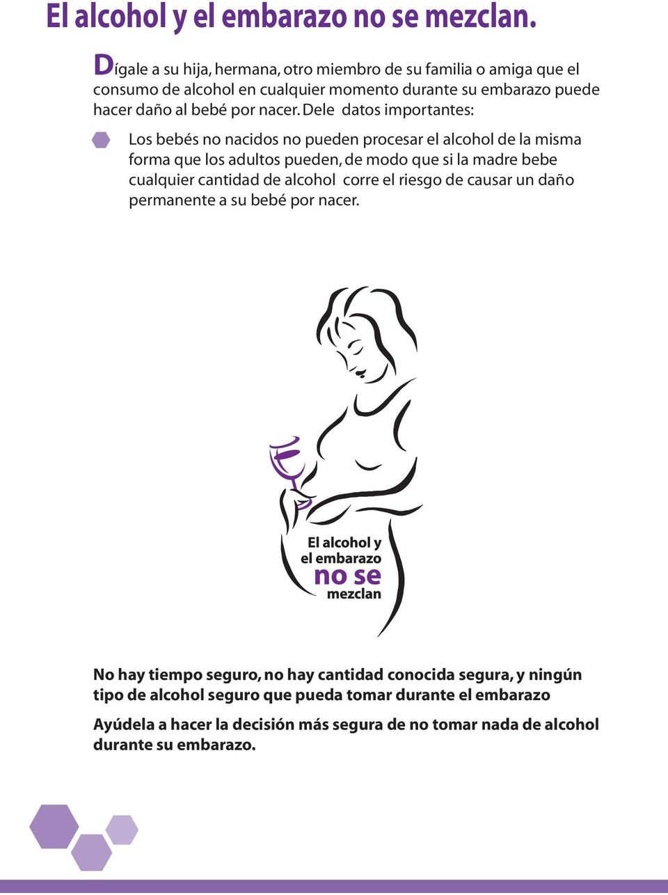 Dele datos importantes: Los bebés no nacidos no pueden procesar el alcohol de la misma forma que los adultos pueden, de modo que si la madre bebe cualquier cantidad