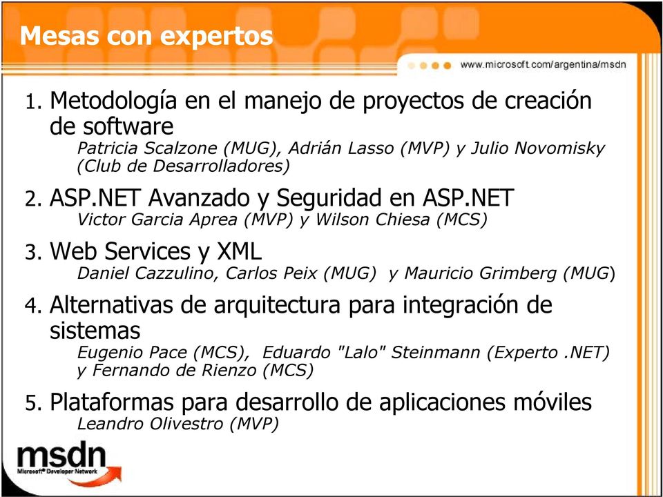 Desarrolladores) 2. ASP.NET Avanzado y Seguridad en ASP.NET Victor Garcia Aprea (MVP) y Wilson Chiesa (MCS) 3.