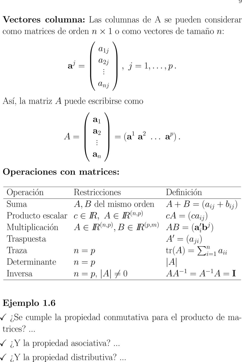 a n Operaciones con matrices: Operación Restricciones Definición Suma A,B del mismo orden A+B = (a ij +b ij ) Producto escalar c IR, A IR (n,p) ca = (ca ij )