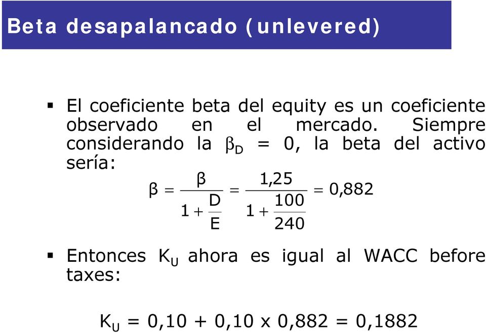 Siempre considerando la β D = 0, la beta del activo sería: β 1,25 β = =