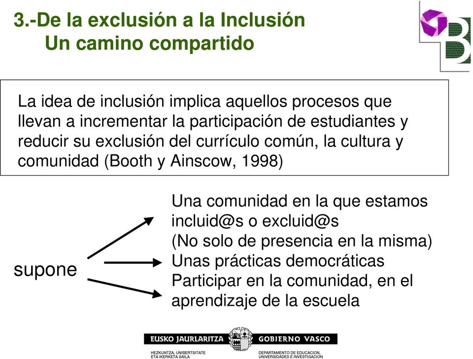 y comunidad (Booth y Ainscow, 1998) supone Una comunidad en la que estamos incluid@s o excluid@s (No solo de