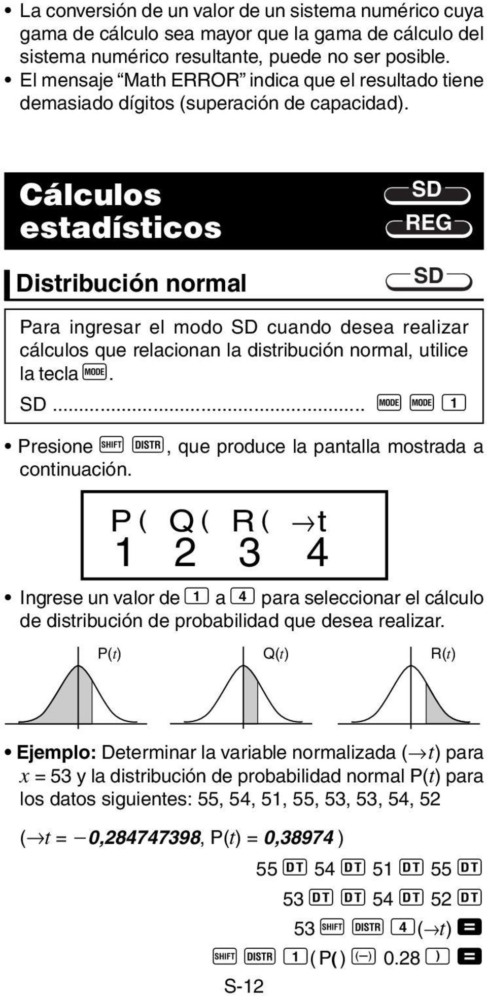 Cálculos estadísticos Distribución normal SD REG SD Para ingresar el modo SD cuando desea realizar cálculos que relacionan la distribución normal, utilice la tecla F. SD... F F 1 Presione A D, que produce la pantalla mostrada a continuación.
