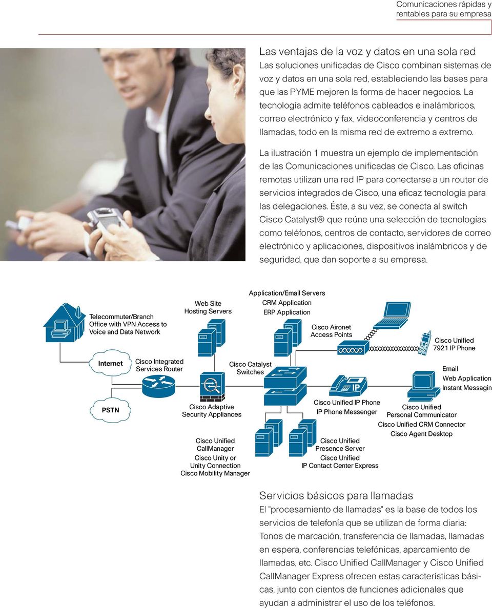 La ilustración 1 muestra un ejemplo de implementación de las Comunicaciones unificadas de Cisco.