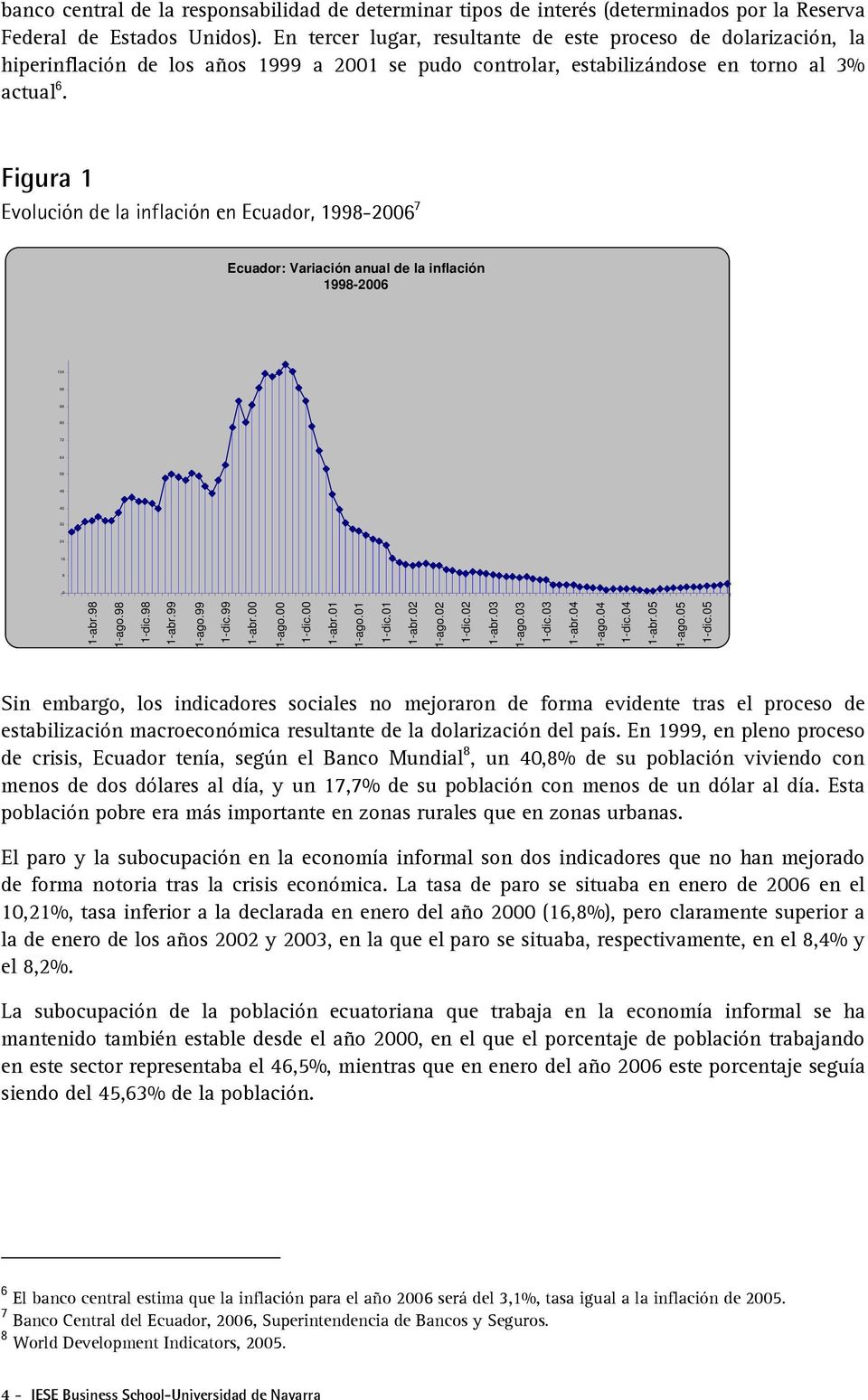 Figura 1 Evolución de la inflación en Ecuador, 1998-2006 7 Ecuador: Variación anual de la inflación 1998-2006 104 96 88 80 72 64 56 48 40 32 24 16 8 0 1-abr.98 1-ago.98 1-dic.98 1-abr.99 1-ago.