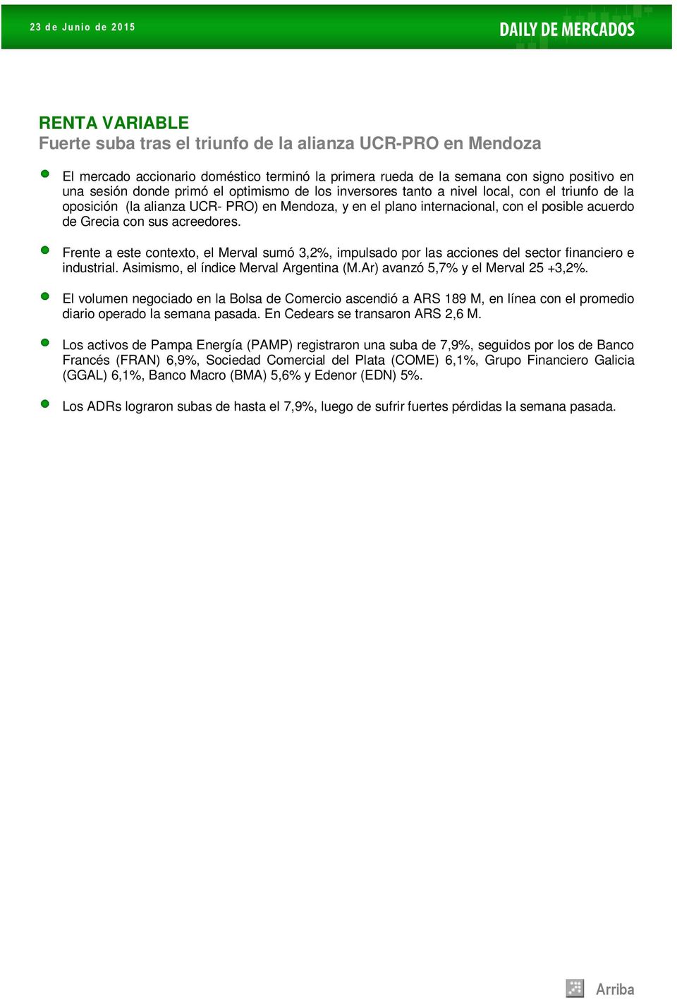 Frente a este contexto, el Merval sumó 3,2%, impulsado por las acciones del sector financiero e industrial. Asimismo, el índice Merval Argentina (M.Ar) avanzó 5,7% y el Merval 25 +3,2%.