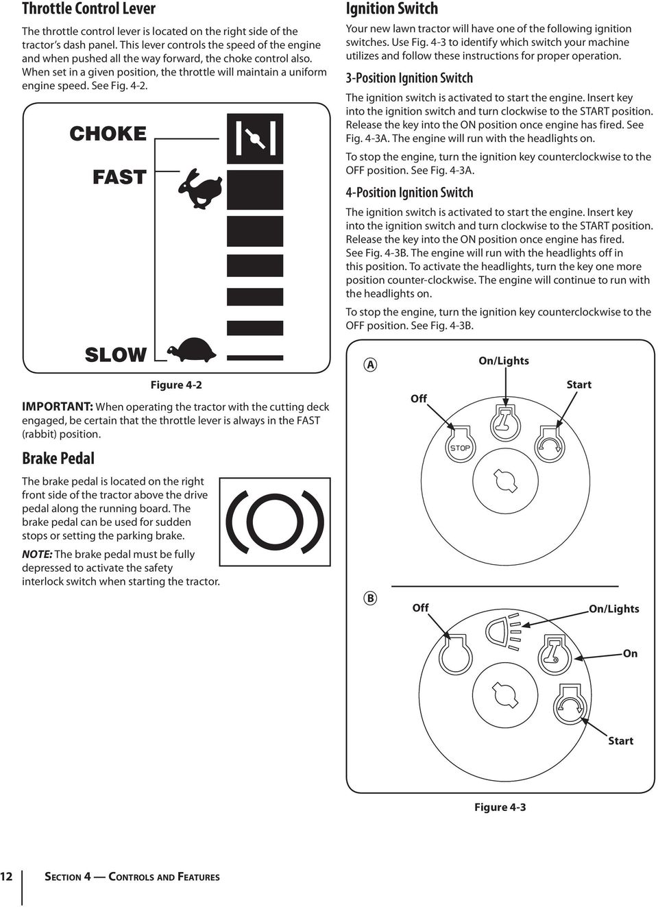 4- CHOKE FAST Ignition Switch Your new lawn tractor will have one of the following ignition switches. Use Fig.