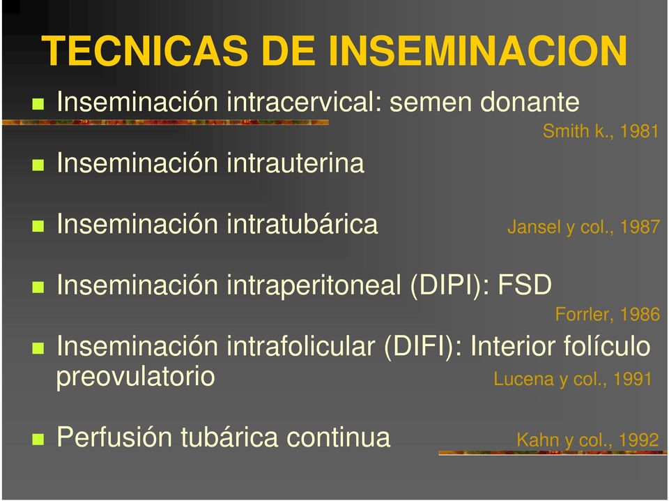 , 1987 Inseminación intraperitoneal (DIPI): FSD Forrler, 1986 Inseminación