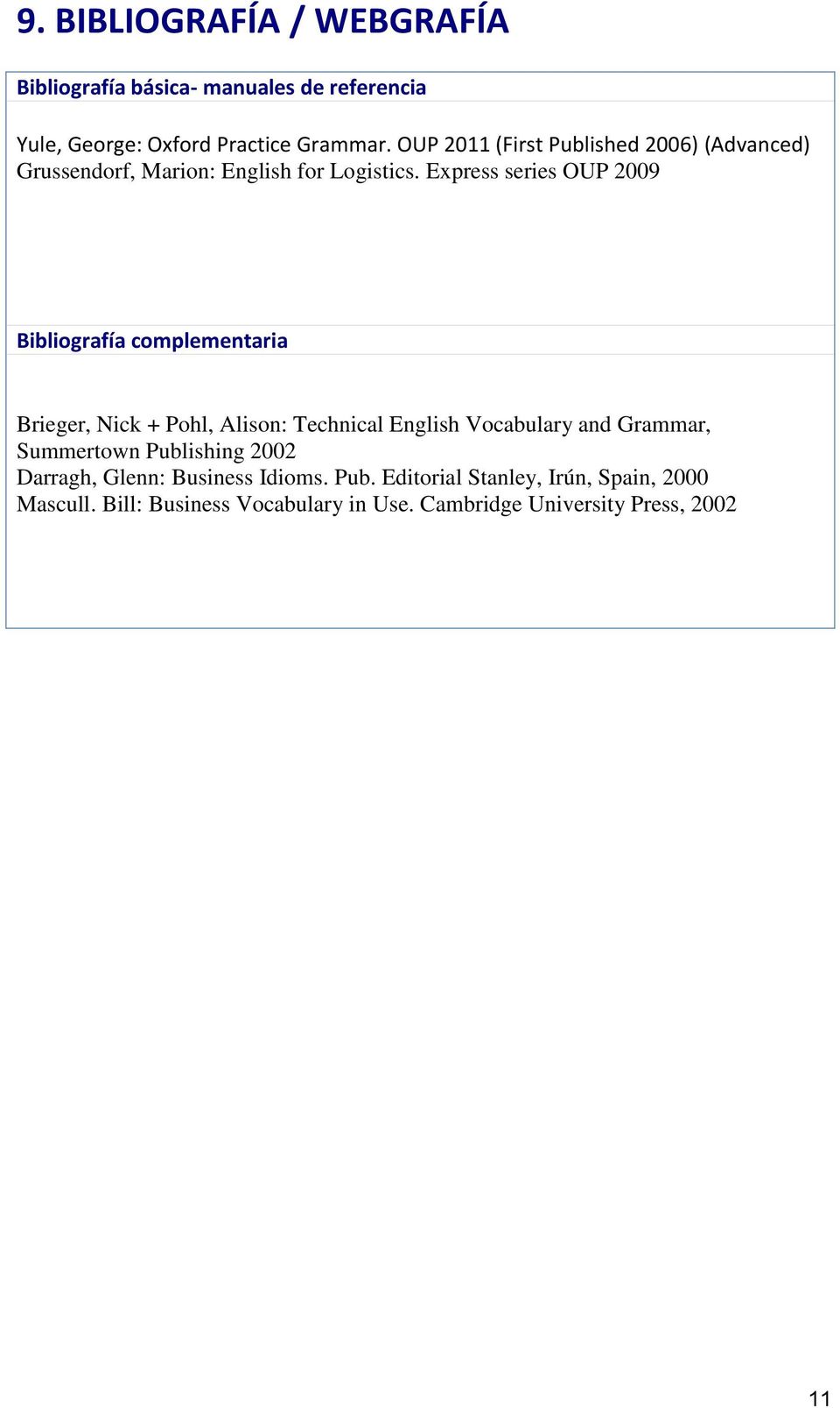Express series OUP 2009 Bibliografía complementaria Brieger, Nick + Pohl, Alison: Technical English Vocabulary and Grammar,