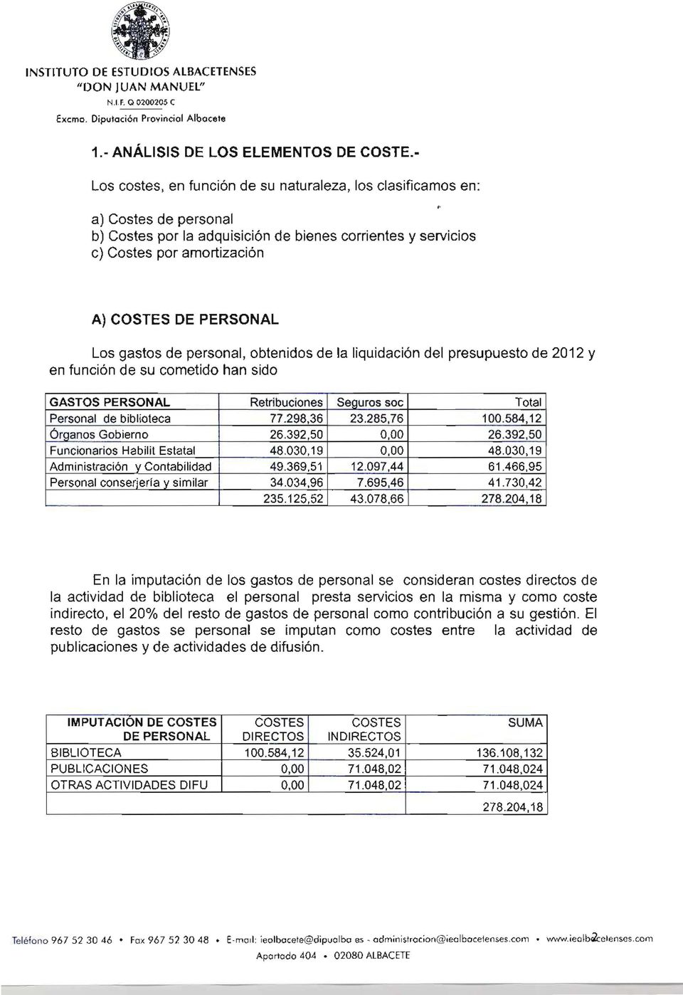 de personal, obtenidos de la liquidación del presupuesto de 2012 y en función de su cometido han sido GASTOS PERSONAL Retribuciones Seauros soc Total Personal de biblioteca 77.298,36 23.285,76 100.