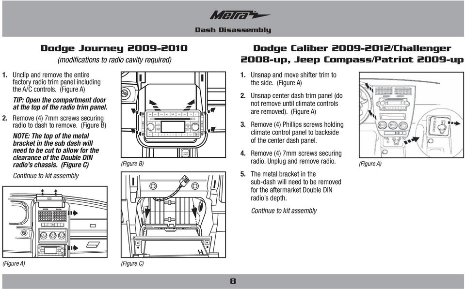 Compass/Patriot 2009-up 1. Unclip and remove the entire factory radio trim panel including the A/C controls. TIP: Open the compartment door at the top of the radio trim panel. 2. Remove (4) 7mm screws securing radio to dash to remove.