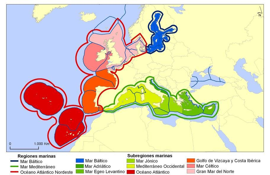 Regiones y sub-regiones marinas en la UE.