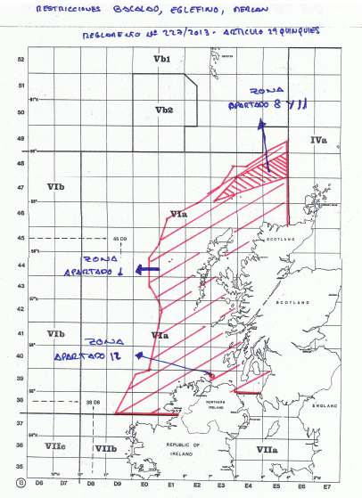 LIMITACION DE LAS ZONAS DE PESCA: Zona de veda del bacalao al Oeste de Escocia + Limitación