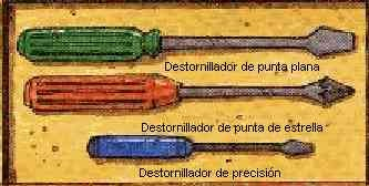 DESTORNILLADORES Los destornilladores son herramientas constituídas por un mango, de madera, metal o plástico y una varilla cuyo extremo tiene la forma adecuada para encajar en las ranuras de las