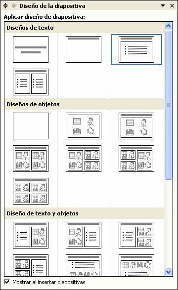 Existeixen un conjunt de formats predeterminats de diapositives que contenen marcadors de posicions per tal de facilitar la inclusió de texts, gràfics, taules, imatges predissenyades i altres