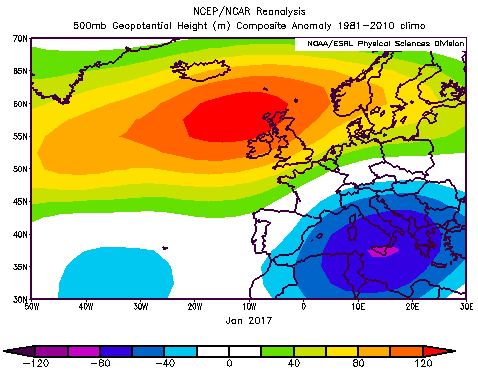 Anomalías da presión atmosférica a nivel medio do mar. Figura 1: Anomalías de presión en superficie.