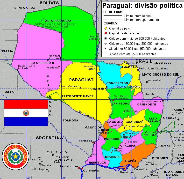 Paraguay es un país mediterráneo situado en el corazón del América del Sur, que limita al norte con Brasil y Bolivia, al este con Brasil y Argentina, al sur con Argentina y al oeste con Argentina y