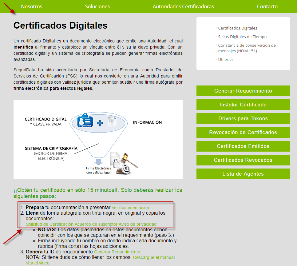 En la sub opción de Certificados Digitales se presenta una explicación general sobre certificados digitales y sus beneficios, así como la documentación