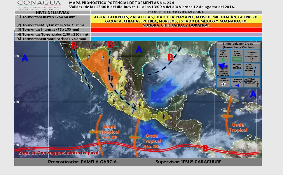 Intervalos de chubascos fuertes (25 a 50 mm) con tormentas puntuales muy fuertes (50 a 75 mm):sonora, Chihuahua y Durango.