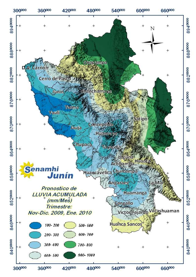 Lluvia acumulada estimada para el periodo dic 2009 a febrero 2010 En el valle del Mantaro, se espera una lluvia acumulada entre