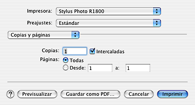Ajustes del software de impresión / En Mac OS X Cuadro de diálogo Imprimir Ajustes del cuadro de diálogo Imprimir Nota: Varias de las opciones del cuadro de diálogo Imprimir son funciones de Mac OS X.