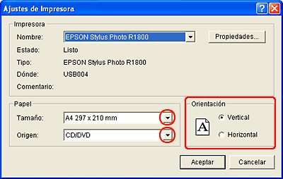 Compruebe que el nombre de impresora seleccionado sea EPSON Stylus Photo R1800. Seleccione A4 como ajuste de Tamaño. Seleccione CD/DVD en Origen.