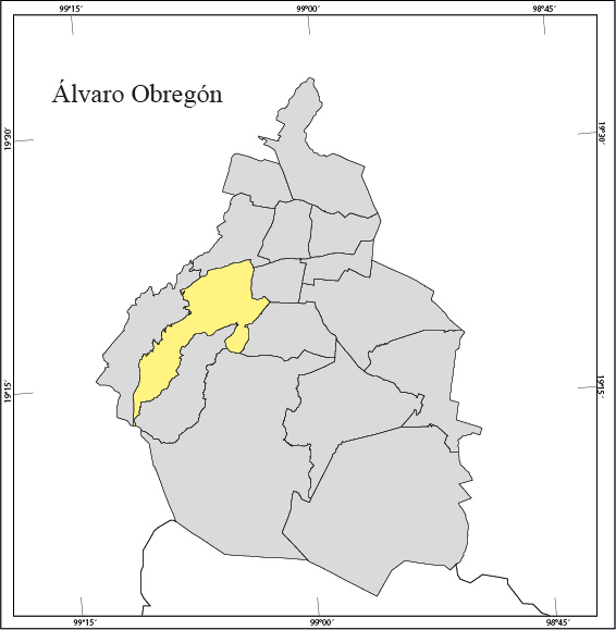 II. Características Geográficas e Históricas La Delegación Álvaro Obregón se localiza al poniente de la Ciudad de México. Cuenta con una extensión territorial de aproximadamente 96.