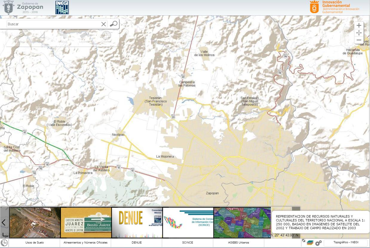 Mapa Base Permite utilizar mapas de información de diversos temas generados en el INEGI (Topográfico con y sin sombreado, Hipsográfico y Mosaico de Ortofotos) como base.