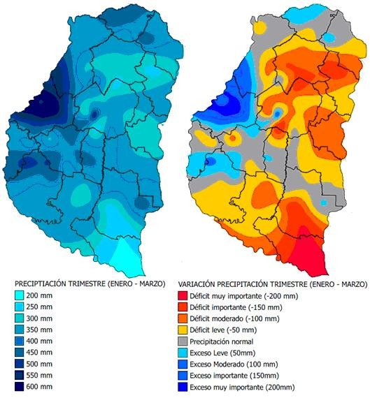 Mapa Nro 1: Distribución de la precipitación acumula en el primer trimestre del año en Entre Ríos. Mapa Nro.