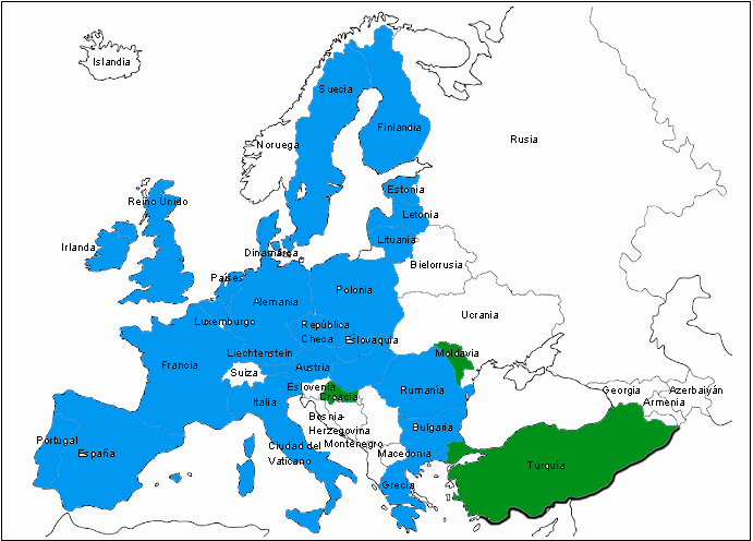 12. Colorea de azul los países miembros de la Unión Europea y de verde, los países candidatos a serlo. 13. Relaciona cada institución con su función.