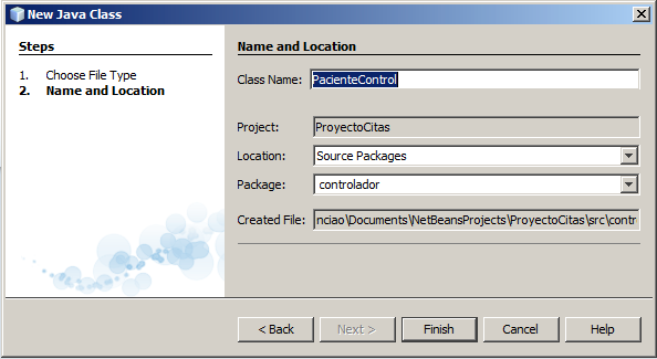 Haciendo click derecho sobre el paquete controlador recién creado, seleccionamos del menú contextual New Java Class Ingresamos el nombre para la nueva clase PacienteControl y hacemos click sobre el