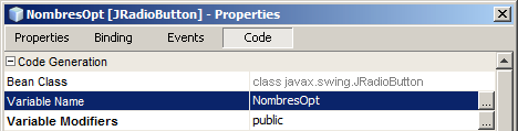 En la ventana de propiedades seleccionamos la ficha Code y en ella realizamos los cambios a las propiedades Variable Name y Variable Modifiers, ingresando los valores IdentificacionOpt y public