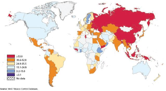 Prevalença de tabaquisme en el món (%)