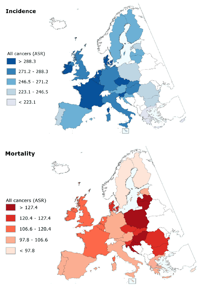 Incidence and mortality of all cancers combined in the 28 EU countries, men and women combined