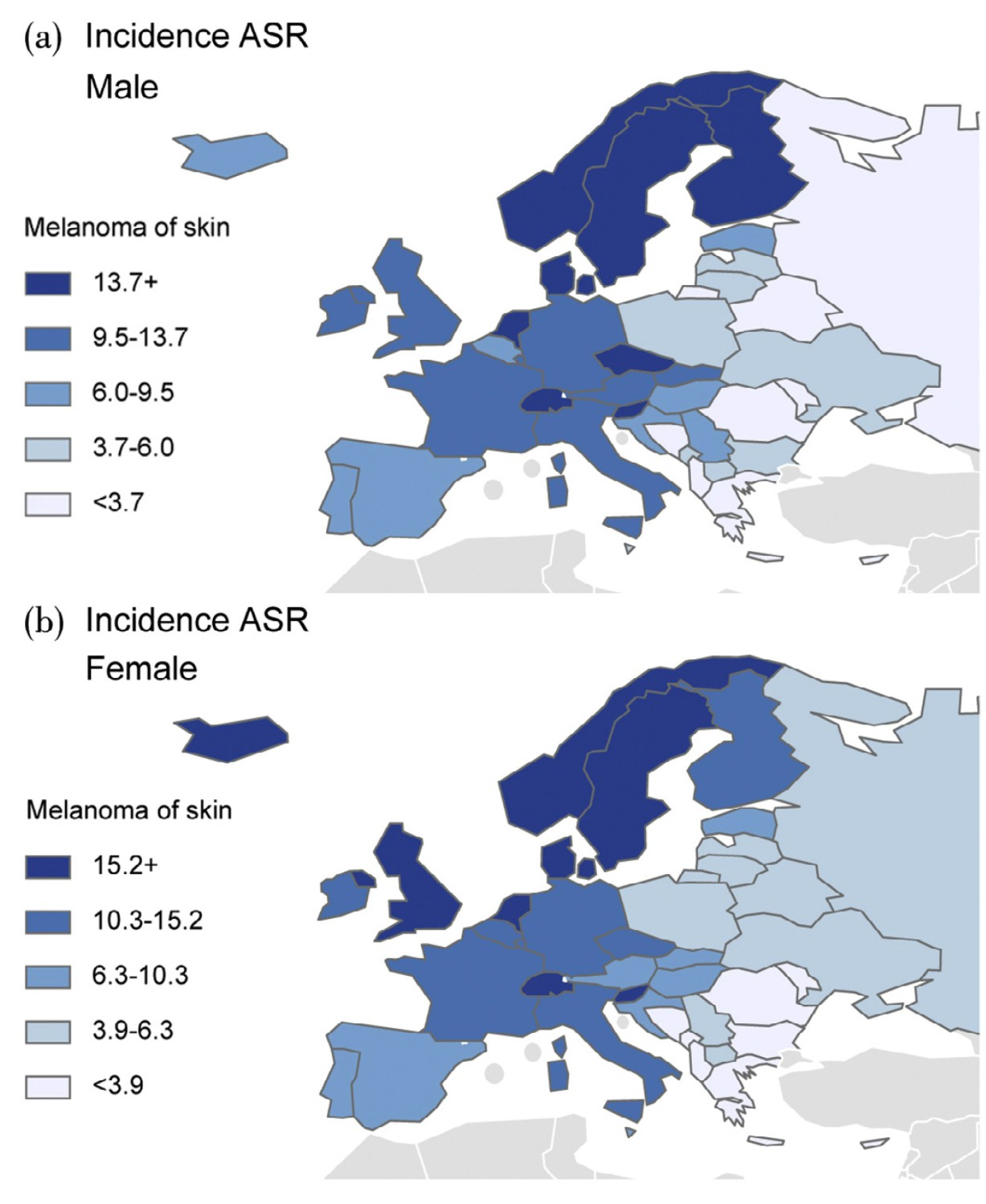 Estimates of agestandardised incidence rates (ASR) of malignant melanoma in 2012: incidence rates (per 100,000) in 2012