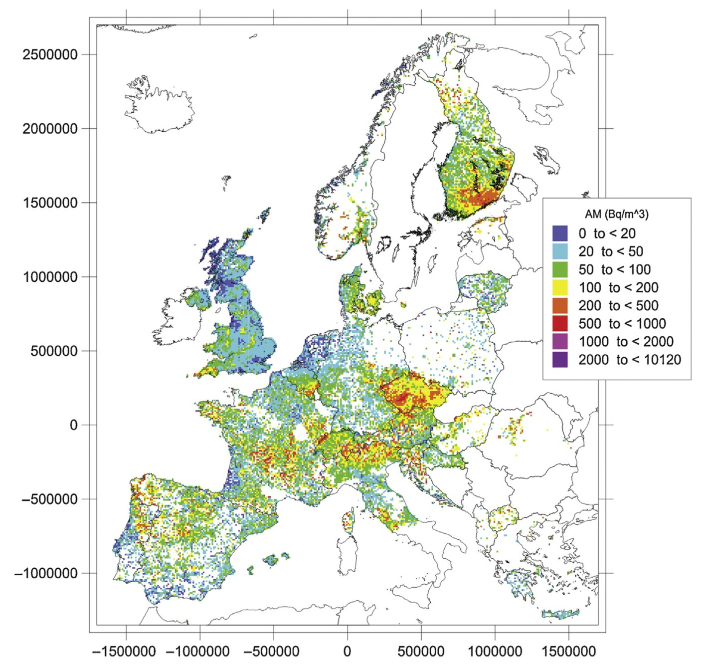 Map of radon in Europe. Arithmetic means over 10 km x 10 km cells of long-term radon concentration in ground-floor rooms.