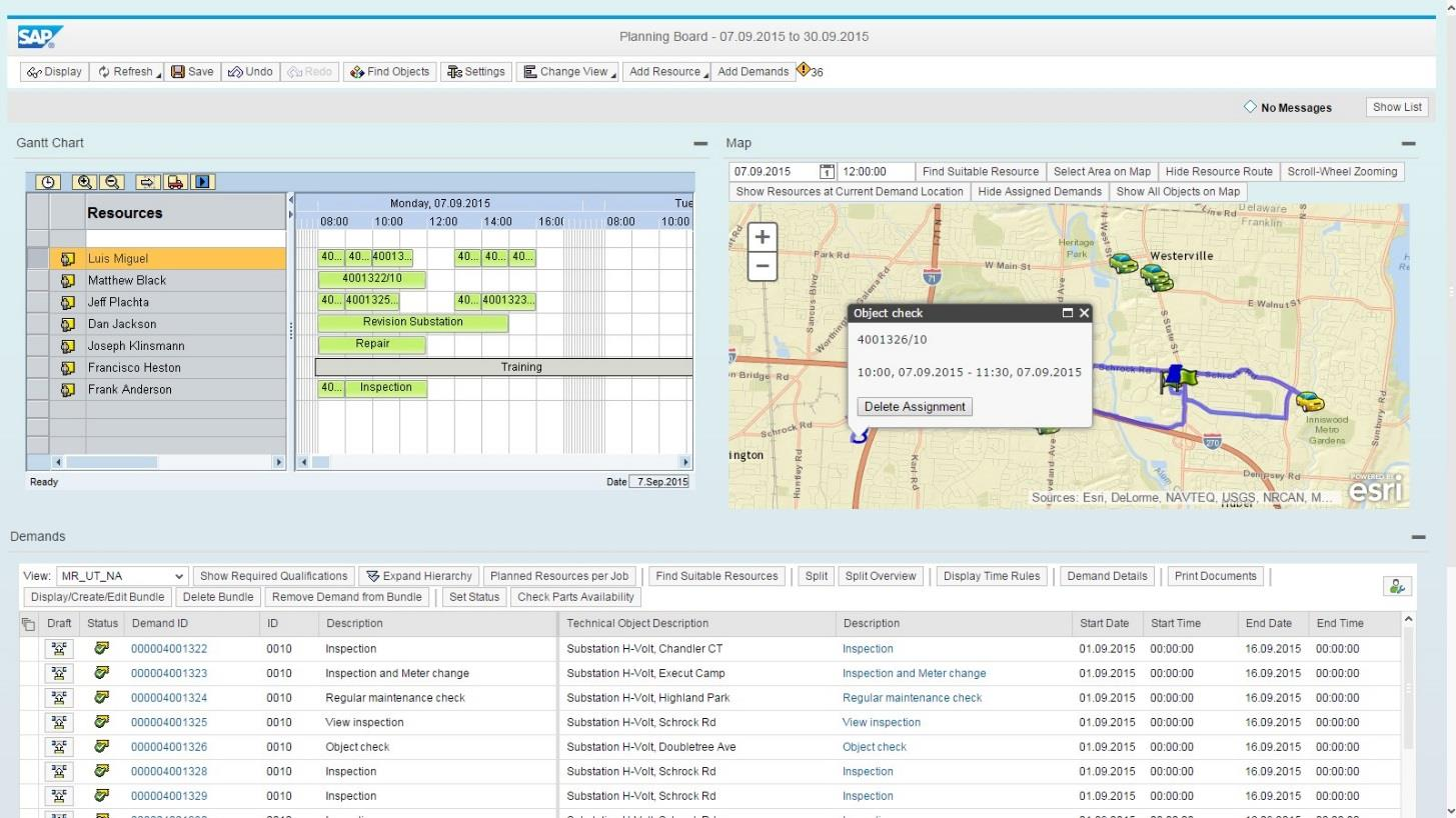 Servicio y mantenimiento en campo Novedades con SAP MRS v10: New Web-based Demand Gantt Mapas interactivos (Integración GIS) Selección de recursos y ordenes en mapa Creación de