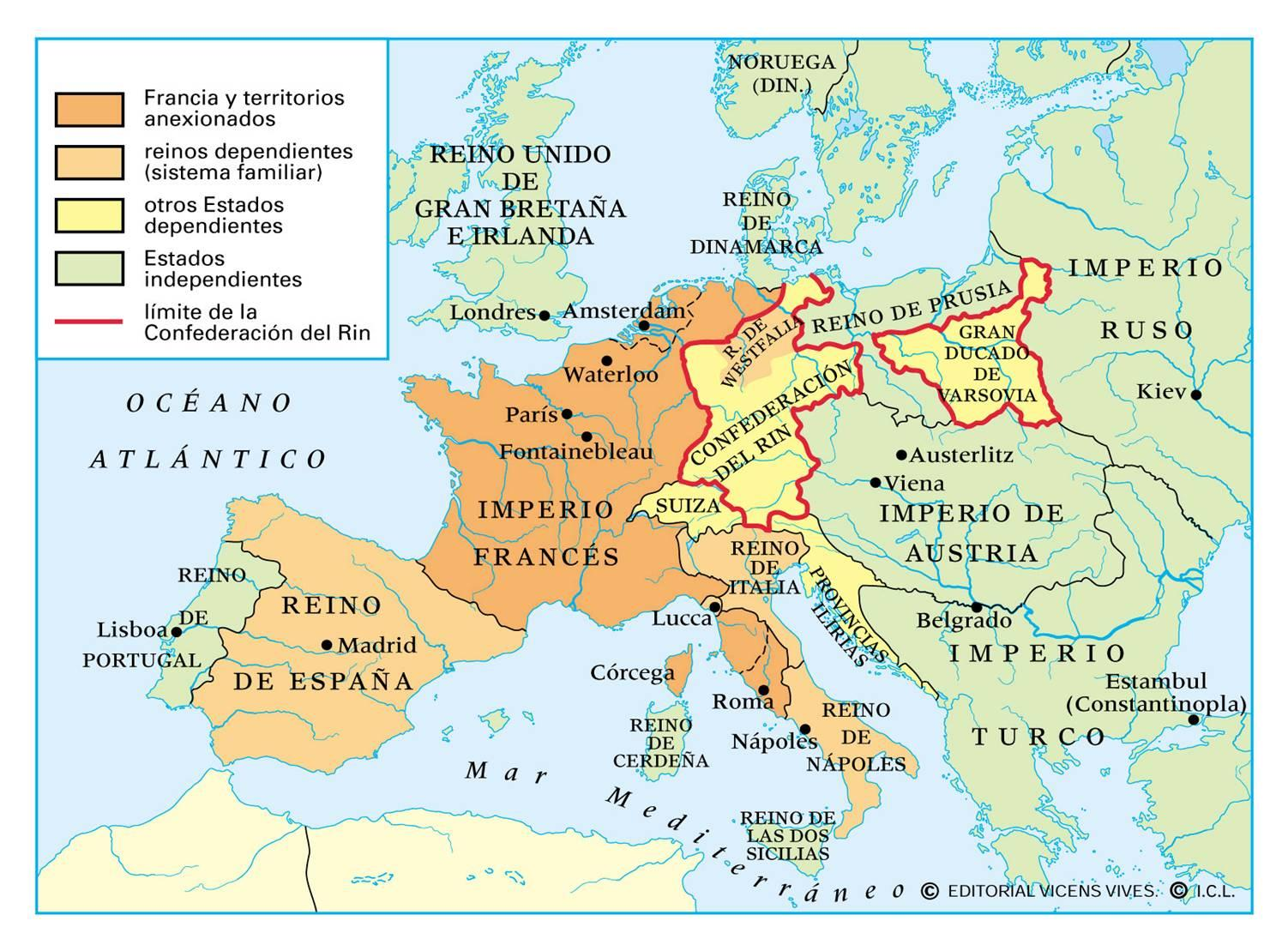 LA EUROPA NAPOLEÓNICA CONFEDERACIÓN DEL RIN (1806-1813) Creada por Napoleón I en sustitución del