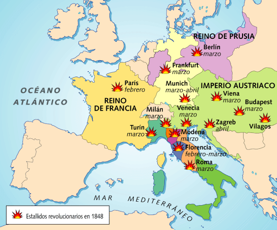REVOLUCIONES DE 1848 Estalla en la mayor parte de los Estados alemanes con una doble ansia: de unificación de la patria alemana y de libertad