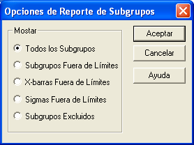 Reportes de los Subgrupos Este cuadro tabula los valores graficados en los gráficos de control: Reporte de Subgrupos Todos los Subgrupos X = Excluida * = Fuera de Límites Subgrupo Tamaño X-bar S 5 74.