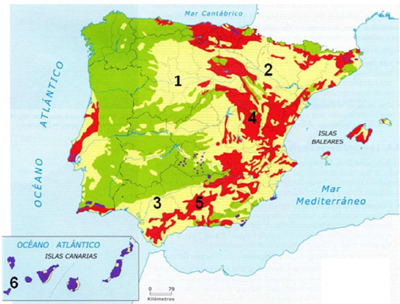 PRÁCTICA RELIEVE 2 El mapa muestra los dominios litológicos de España. Tras su observación responda a las siguientes cuestiones: 1.