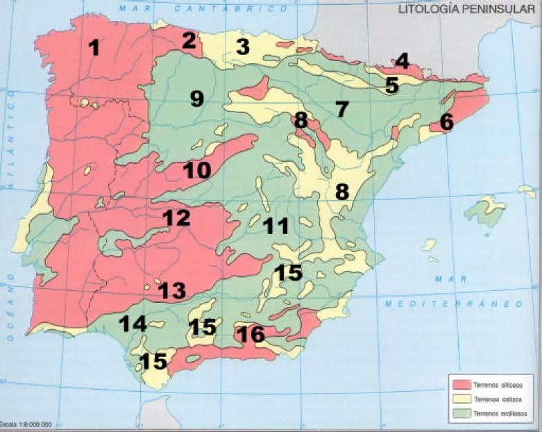 PRÁCTICA RELIEVE 6 El mapa muestra las unidades litológicas de la Península Ibérica.