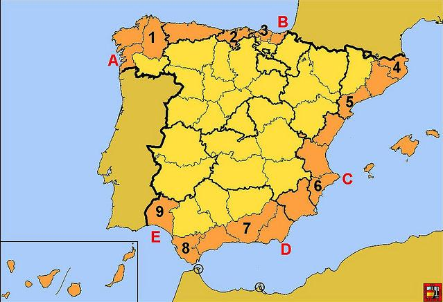 PRÁCTICA RELIEVE 7 (COSTAS) En la figura siguiente se representa un mapa con las regiones costeras españolas.