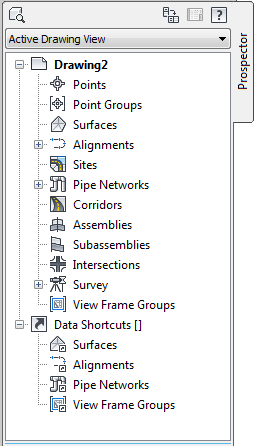 La barra toolspace contiene dos ventanas: Prospector y Settings.