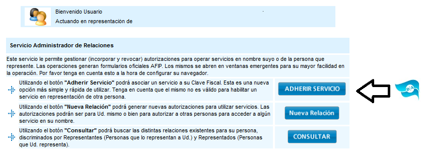 Ir a "Adherir Servicio": Utilizando este botón podrá asociar un servicio a su Clave Fiscal.