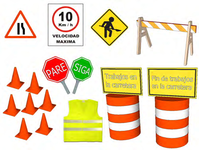 5.5 Señales y equipo de seguridad: 2 señales de Trabajos en la Carretera 2 señales de Finalización de trabajos en la Vía Al menos 7 conos de tránsito, 2 señales reversibles de Alto/Paso Chalecos