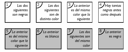 Problema nº 1 (Tarjetas) Las tarjetas 1, 2, 3 y 4 son blancas; las tarjetas 5, 6, 7 y 8 son negras. El objetivo final es ordenarlas para que todas las frases resulten verdaderas.