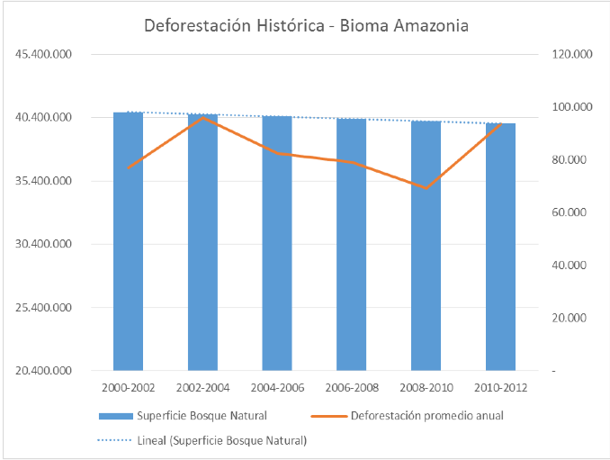 Tasa deforestación anual 1990-2010: 310.349 has 2010-2012: 166.000 has 2012-2013: 121.000 has Deforestación anualizada 82.