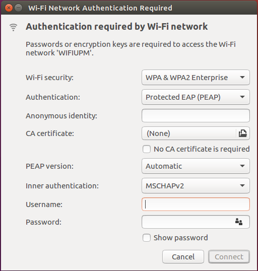 Ubuntu Desktop Para configurar la conexión a <WIFIUPM>, debe activar su dispositivo inalámbrico y pulsar sobre el icono de redes inalámbricas en la parte superior derecha: Se le mostrará una lista