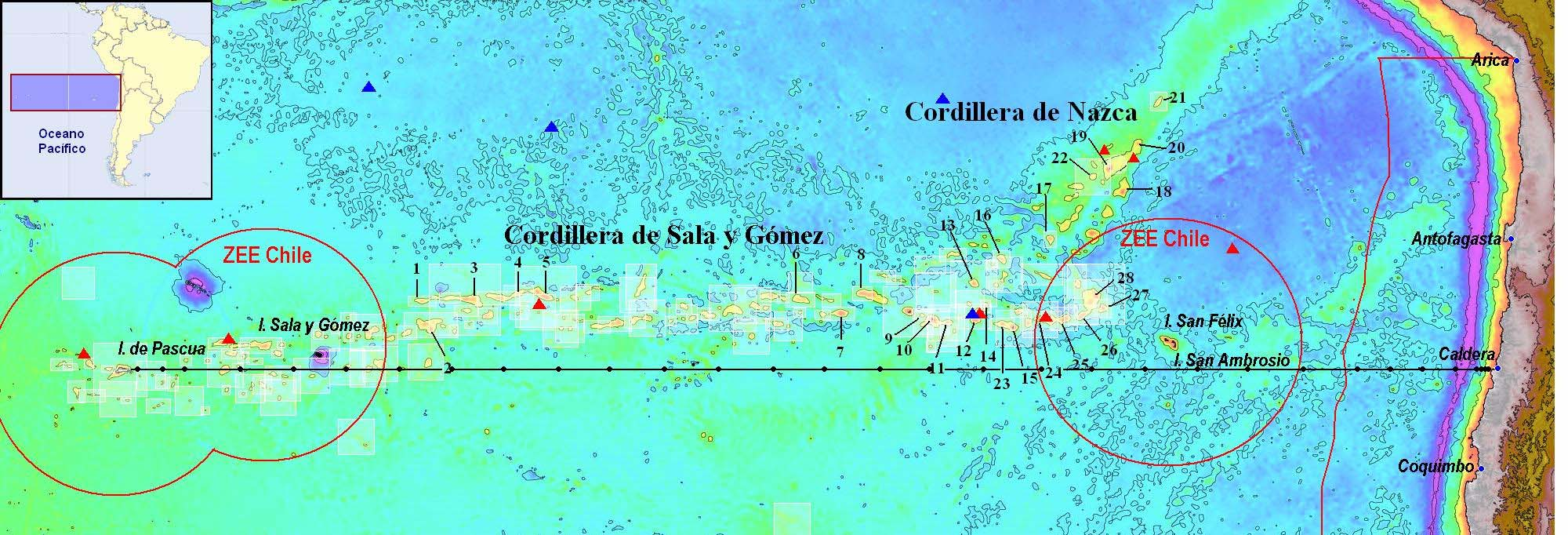 Localización de los cordones de MS de Salas y Gómez y Nazca En rojo se muestran las ZEEs insulares de Chile.